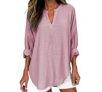 Generico Camiseta de manga larga para mujer - Camiseta de mujer con cuello en V Camisas de algodón Lino Elástico Blusa Tallas Grandes Casual Túnica Color Sólido Estilo Cortese Blouse Versátil Adelgaza