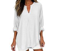 Generico Camiseta de manga larga para mujer - Camiseta de mujer con cuello en V Camisas de algodón Lino Elástico Blusa Tallas Grandes Casual Túnica Color Sólido Estilo Cortese Blouse Versátil Adelgaza