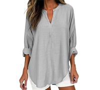 Generico Camiseta de manga larga para mujer - Camiseta de mujer con cuello en V Camisas de algodón Lino Elástico Blusa Tallas Grandes Casual Túnica Color Sólido Estilo Cortese Blouse Versátil Adelgaza