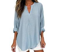 Generico Camiseta de manga larga para mujer - Camiseta de mujer con cuello en V Camisas de algodón Lino Elástico Blusa Tallas Grandes Casual Túnica Color Sólido Estilo Cortese Blouse Versátil Adelgaza