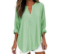 Generico Camiseta de manga larga para mujer - Camiseta de mujer con cuello en V Camisas de algodón Lino Elástico Blusa Tallas Grandes Casual Túnica Color Sólido Estilo Cortese Blouse Versátil Adelgaza
