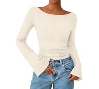 Generico Camiseta de mujer con cuello de barco de manga acampanada, modelo ajustado, beige, M