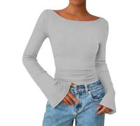 Generico Camiseta de mujer con cuello de barco de manga acampanada, modelo ajustado, Gris ceniza, M