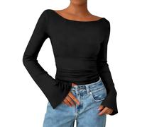 Generico Camiseta de mujer con cuello de barco de manga acampanada, modelo ajustado, Negro , XL