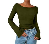 Generico Camiseta de mujer con cuello de barco de manga acampanada, modelo ajustado, Verde, XXL