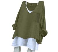 Generico Camiseta de mujer de manga larga - Top de mujer con cuello en V Blusa Algodón Lino Transpirable Camisas Cuello Tallas Grandes Camisas Casual Versátil Summer Tops Color Sólido Adelgaza La