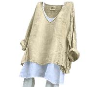 Generico Camiseta de mujer de manga larga - Top de mujer con cuello en V Blusa Algodón Lino Transpirable Camisas Cuello Tallas Grandes Camisas Casual Versátil Summer Tops Color Sólido Adelgaza La