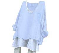 Generico Camiseta de mujer de manga larga - Top de mujer con cuello en V Blusa Algodón Lino Transpirable Camisas Cuello Tallas Grandes Camisas Casual Versátil Summer Tops Color Sólido Adelgaza La