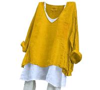 Generico Camiseta de mujer de manga larga - Top de mujer con cuello en V Blusa Algodón Lino Transpirable Camisas Cuello Tallas Grandes Camisas Casual Versátil Summer Tops Color Sólido Adelgaza La