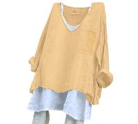 Generico Camiseta de mujer de manga larga - Top de mujer con cuello en V Blusa Algodón Lino Transpirable Camisas Cuello Tallas Grandes Camisas Casual Versátil Summer Tops Color Sólido Adelgaza La