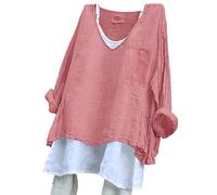 Generico Camiseta de mujer de manga larga - Top de mujer con cuello en V Blusa Algodón Lino Transpirable Camisas Cuello Tallas Grandes Camisas Casual Versátil Summer Tops Color Sólido Adelgaza La