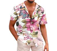 Generico Camiseta de verano para hombre de manga corta de lino de algodón con botones camisa de hombre con cuello casual color liso camisetas camisa hombre elegante azul minimalista, A-rosa cálido