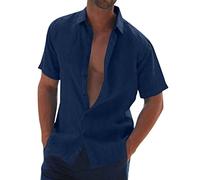 Generico Camiseta de verano para hombre de manga corta de lino de algodón con botones, camisa de hombre con cuello informal de color liso, camisetas de camisa blanca, ajuste ceñido y versátil, Armada