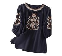 Genérico Camiseta Holgada de Manga Corta con Bordado de Lino para Mujer, Estilo étnico Retro literario, con Cuello en V y Cuello Halter. (Navy, XXXL)