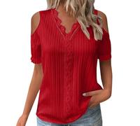 Genérico Camiseta Mujer Algodon Manga Corta Elegante De Verano con Cuello En V Y Encaje Liso para Mujer Blusa Color A La Corta Cómoda T Shirt Camisetas Basicas Anchas Roupa Mulher Basica Rojo 3XL