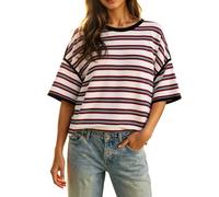 Genérico Camiseta Mujer con Cuello Redondo Suelta Blusas Coloridas A Rayas Túnica Mujer Verano Casual Camiseta de Algodón de Contraste Ajuste Holgado Vintage GóTico Color Contrastante Hada Grunge