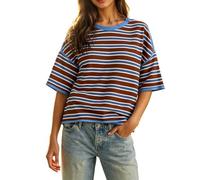 Genérico Camiseta Mujer con Cuello Redondo Suelta Blusas Coloridas A Rayas Túnica Mujer Verano Casual Camiseta de Algodón de Contraste Ajuste Holgado Vintage GóTico Color Contrastante Hada Grunge