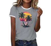 Genérico Camiseta Mujer Manga Corta Camisa Hawaiana Amanecer Olas Amor PatróN Camiseta Verano Hawaiana Casual Blusa con Letras Impresas Camisetas Manga Corta de Algodón Tops Casuales Sueltos