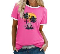Genérico Camiseta Mujer Manga Corta Camisa Hawaiana Amanecer Olas Amor PatróN Camiseta Verano Hawaiana Casual Blusa con Letras Impresas Camisetas Manga Corta de Algodón Tops Casuales Sueltos