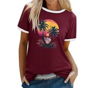 Genérico Camiseta Mujer Manga Corta Camisa Hawaiana Amanecer Olas Amor PatróN Camiseta Verano Hawaiana Casual Blusa con Letras Impresas Camisetas Manga Corta de Algodón Tops Casuales Sueltos