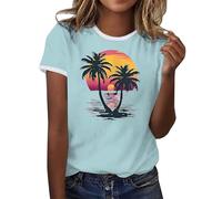 Genérico Camiseta Mujer Manga Corta Camisa Hawaiana Amanecer Olas Amor PatróN Camiseta Verano Hawaiana Casual Blusa con Letras Impresas Camisetas Manga Corta de Algodón Tops Casuales Sueltos