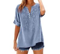 Genérico Camiseta Mujer Verano 2025 Manga Corta Cuello En V con Bordado Encaje Color Solido Tunica Holgada Comoda Elegante Casual Tops para Ocio Y Uso Diario con Estilo Moderno Y (Light Blue, S)