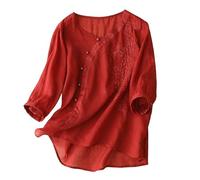 Genérico Camiseta Mujer Verano Manga Corta Holgada De Algodón Y Lino para Mujer Talla Grande Que Cubre El Vientre Adelgazante Verano Lino Top Blusa Camisetas Algodon Basica Ropa Elegante Rojo 4XL