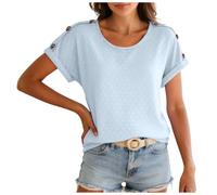 Genérico Camiseta para Mujer Verano 2025 Manga Corta Cuello En V con Bordado Y Encaje Color Solido Tunica Holgada Comoda Elegante Casual Tops Ideales para Y Uso Diario (C-Light Blue, XL)