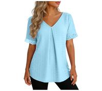 Genérico Camiseta para Mujer Verano 2025 Manga Corta Cuello En V con Bordado Y Encaje Color Solido Tunica Holgada Comoda Elegante Casual Tops Ideales para Y Uso Diario (A-Sky Blue, L)