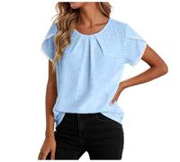 Genérico Camiseta para Mujer Verano 2025 Manga Corta Cuello En V con Bordado Y Encaje Color Solido Tunica Holgada Comoda Elegante Casual Tops Ideales para Y Uso Diario (B-Sky Blue, L)