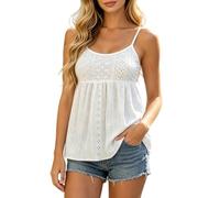 Genérico Camiseta sin mangas para mujer Patchwork Bordado Casual y Elegantes Color Sólido Sueltos Top con Tirantes Finas Camiseta de Vacaciones Verano Playa, blanco, XL