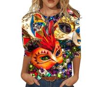 Genérico Camisetas De Carnaval para Mujer - Camiseta Blusa Superior con Cuello Redondo y Manga 3/4 con Estampado Happy Holidays para Mujer (Red XL)