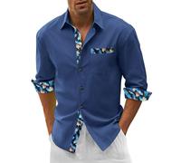 Genérico Camisetas Lino Hombre - Camisa Verano Hombre Camisa de Manga Larga a Juego con Botones de Solapa de Encaje de algodón para Hombre