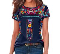 Genérico Camisetas Manga Corta Mujer De Suelta con Cuello para Mujer Camiseta Informal Estampado Personalizado Popular Camisas Tops Roupas Femininas Basica Blusas Casual Ropa Verano Ropas Azul XL
