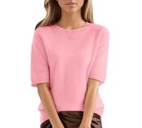 Genérico Camisetas Manga Corta Mujer Verano Algodón Holgada De con Cuello para Top Parte Inferior Punto Blusas Elegantes Algodon Ladies Shirts Camiseta Media T Shirt Women Tops Elegante Ropa Rosa S