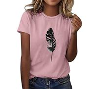 Genérico Camisetas Manga Corta Mujer Verano para Mujer Camiseta Informal con Estampado De Plumas Holgada A La T Shirts For Women Algodón Basica Ropa Algodon Roupa Mulher Womens Blusas Camisas Rosa