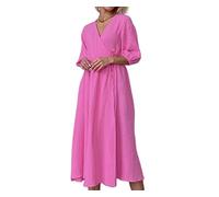 Genérico Camisón Liso para Mujer - Camisón de Manga Larga con Cuello en V - Camisones Largo Holgado y Ligero de Verano,Color Rosa,Talla M