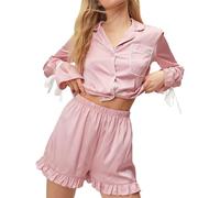 Genérico Camisón Mujer Verano Sleepshirt Pijama Mujer Largo Women Satin Silk 2 Piece Pajamas Set Bow Tie Bell Sleeve Notch Collar Shirts Ruffled Shorts Sleepwear Set Pijama Sexy Pink M