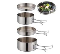 Genérico Camping Pot Set, Stainless Steel Cookware Kit, Compact Lightweight Cooking Gear, Heat-Resistant Folding Handles, Stackable Storage Design, Perfect for Camping, Hiking, Picnic, (Silver)