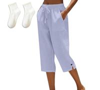 Genérico Capri Pants for Women Plus Size Straight Leg Drawstring Elastic Waist Linen Lightweight Loose Casual Summer Clothes with Pockets (Light Blue,XXL)