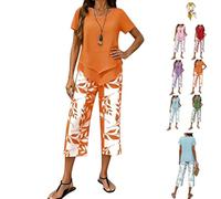 Genérico Capri Sets Women 2 Piece Outfits,Casual Floral Layered Short Sleeve Top Wide Leg Capri Pants,Summer Lounge Tiered Tops Set (Orange, M)