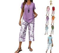 Genérico Capri Sets Women 2 Piece Outfits,Casual Floral Layered Short Sleeve Top Wide Leg Capri Pants,Summer Lounge Tiered Tops Set (Purple, XXL)