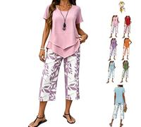 Genérico Capri Sets Women 2 Piece Outfits,Casual Floral Layered Short Sleeve Top Wide Leg Capri Pants,Summer Lounge Tiered Tops Set (Pink, XL)
