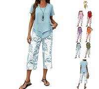 Genérico Capri Sets Women 2 Piece Outfits,Casual Floral Layered Short Sleeve Top Wide Leg Capri Pants,Summer Lounge Tiered Tops Set (Blue, L)