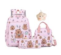 Genérico Capybara Backpack with Lunch Box and Pencil Case 3pcs, Kawaii Cartoon Backpack, Laptop Travel Bag (Pink)