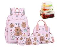Generico Capybara Backpack with Lunch Box, Cute Girls Kids Bookbag Set, 14.96x11.02x5.12 Inches, Matching Pencil Case, Lightweight Design, Multi-Pocket Storage for School Outdoor Travel Use, Rosa
