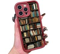 Genérico Cartoon Bookshelf Pattern TPU Phone Case,Vintage Bookshelf Phone Case,Vintage Bookcase-Style for iPhone 12/13/14/15/16 Pro MAX Series (14 Pro MAX,Red)