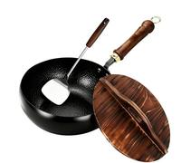 Genérico Cast Iron Skillet, Uncoated Japanese Pure Iron Skillet With Wooden Lid, 9.5/11in Non-stick & Hand-Forged Large Belly Pot Works for Various Kitchen Cooking Styles (9.5in/24cm)