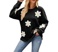 Genérico Casual Long Sleeve Knit Sweater Loose Women Round Neck Flower Stereo Crochet Sweater Broche Cierre Clip Chaqueta Black L