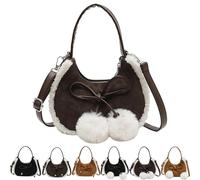 Genérico Casual Suede Plush Crossbody Bag with Bow, Vintage Faux Fur Shoulder Bag with Zipper, Winter Retro Adjustable Handbag (Coffee,#A)